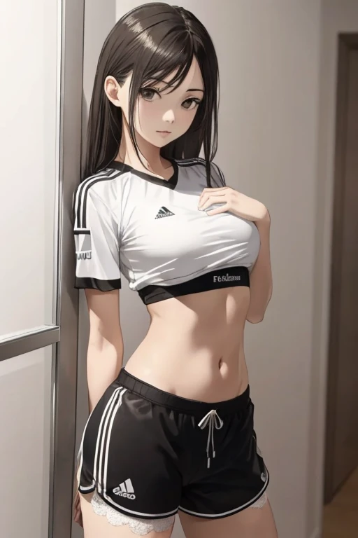 13 year old soccer girl in underwear getting dressed for the game, soccer jersey, black thong, front view, innocent body, kid, age,