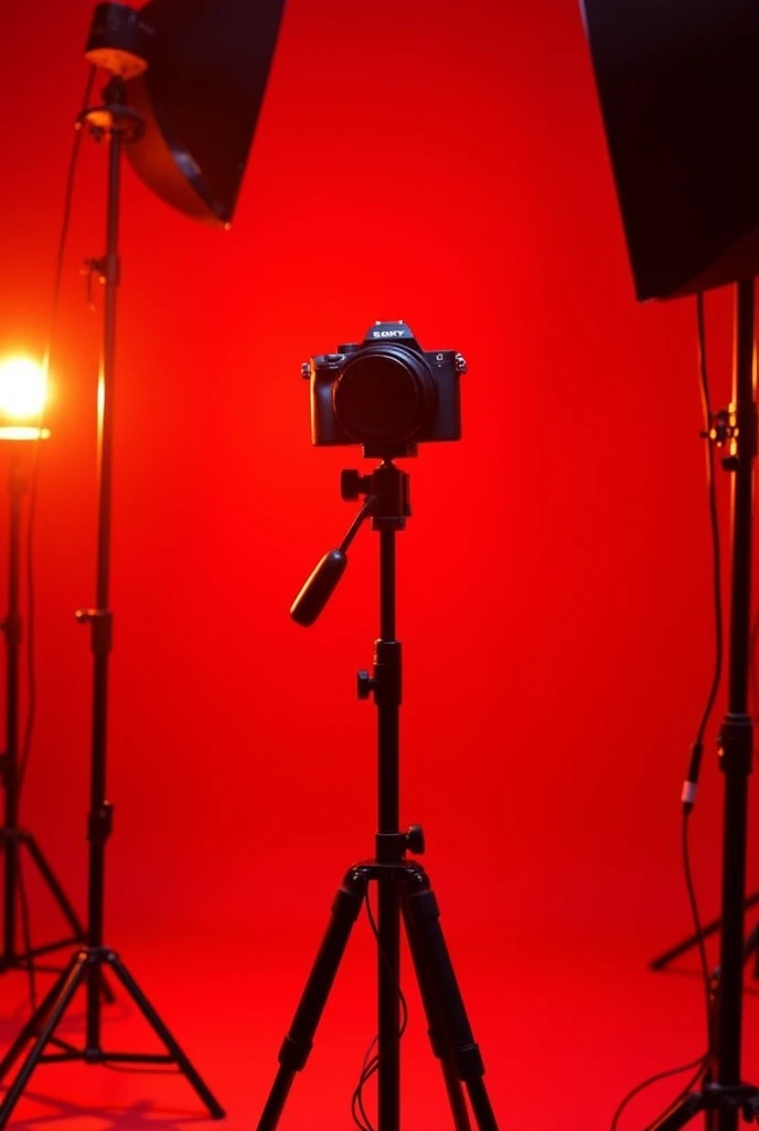 A photography studio with studio lighting equipment. red background. With a sony camera on tripod. Place the sony camera with tripod on left. Add multiple lighting on left and right images. Change the image size to landscape 1080 x 720