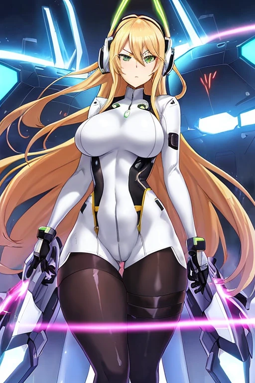 anime style, 2d, anime screencap, 1girl, blonde hair, long hair, futuristic, science-fiction, serious, white bodysuit, bodysuit, electricity, large breasts, breasts, wide hips, thick thighs, pantyhose, green eyes, tech, thigh strap, hair ornament, ornament, headphones, headset, machinery, arm cannon, tech, neon trim, hourglass figure, belt