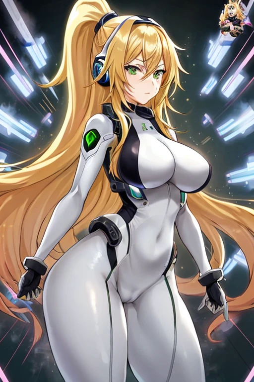 anime style, 2d, anime screencap, 1girl, blonde hair, long hair, futuristic, science-fiction, serious, white bodysuit, bodysuit, electricity, large breasts, breasts, wide hips, thick thighs, pantyhose, green eyes, tech, thigh strap, hair ornament, ornament, headphones, headset, machinery, arm cannon, tech, neon trim, hourglass figure, belt