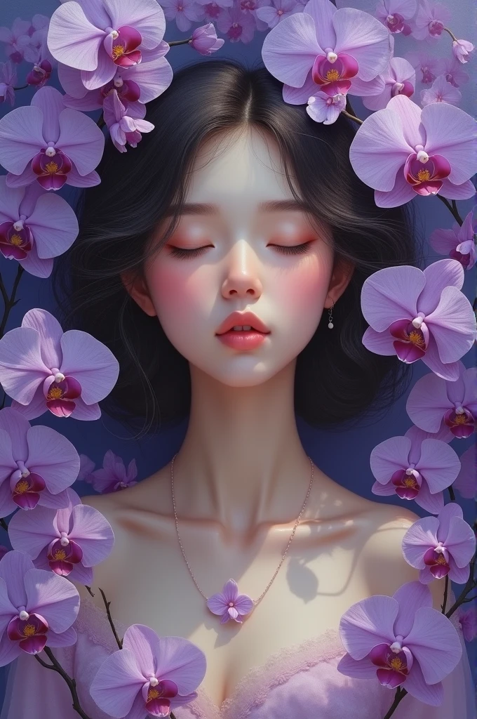 Dark brown haired girl with closed eyes. She is surrounded by purple orchids and her clothes are lavender flowers., lavender and purple orchids. The background is white. The image is made with art oil.