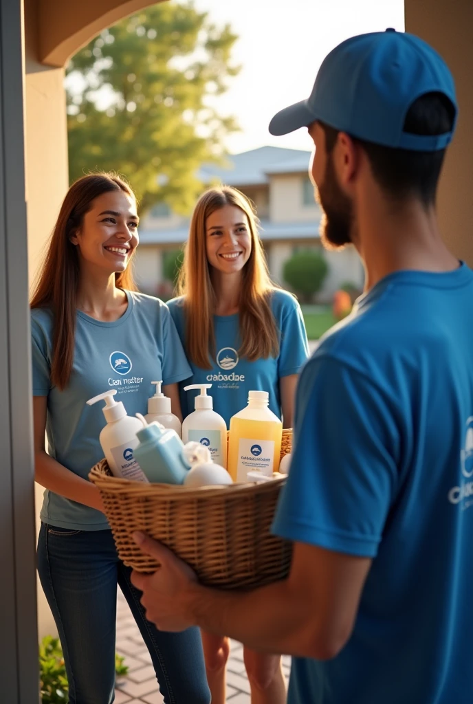 I want a photo of customers receiving a BASKET of products at their doors from the personal hygiene company clean master with realism