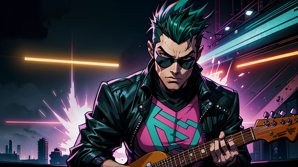 best qualityer) (Extra High Definition) green mohawk hair with mask, estilo dark, Blue details of black outfit, looking at you, Guitar in hand, stage band, Draw a high definition anime style scene (Full HD) which depicts a character with a mohawk, green mohawk style, playing a red electric guitar in a style similar to the game "guitar hero". The character, wearing sunglasses, must be in a dynamic and exciting pose, with your eyes focused on the screen in front of you. The surrounding landscape should be vibrant and full of energy, with flashy visual effects to represent the intensity of the music. The character deve estar imerso na música, displaying expressions of concentration and emotion while mastering the notes. Os espectadores, se houver, can be shown briefly on the sides, reacting to performance with enthusiasm. The general atmosphere should convey the excitement and fun of the moment., with a background that refers to the cyberpunk style, with highlighted futuristic and neon elements.  background Imagine a photograph of a teenager&#39;s bedroom that embodies the essence of gothic and rock aesthetics. The image is taken in an atmospheric and dimly lit style., with deep shadows and warm golden lighting.
