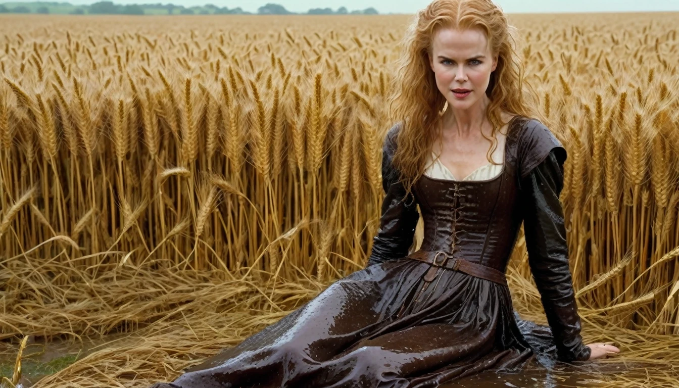 Nicole Kidman,Medieval period,wheat fields, wet and transparent clothing ,wet hair, clothes raised to waist height, show brown and wet medieval clothing ,glued over the crotch simple attracts, Sitting on a wheel'water, cena de filme apaixonada e sensuous descobrindo sua inocencia ,and purity ,sensuous