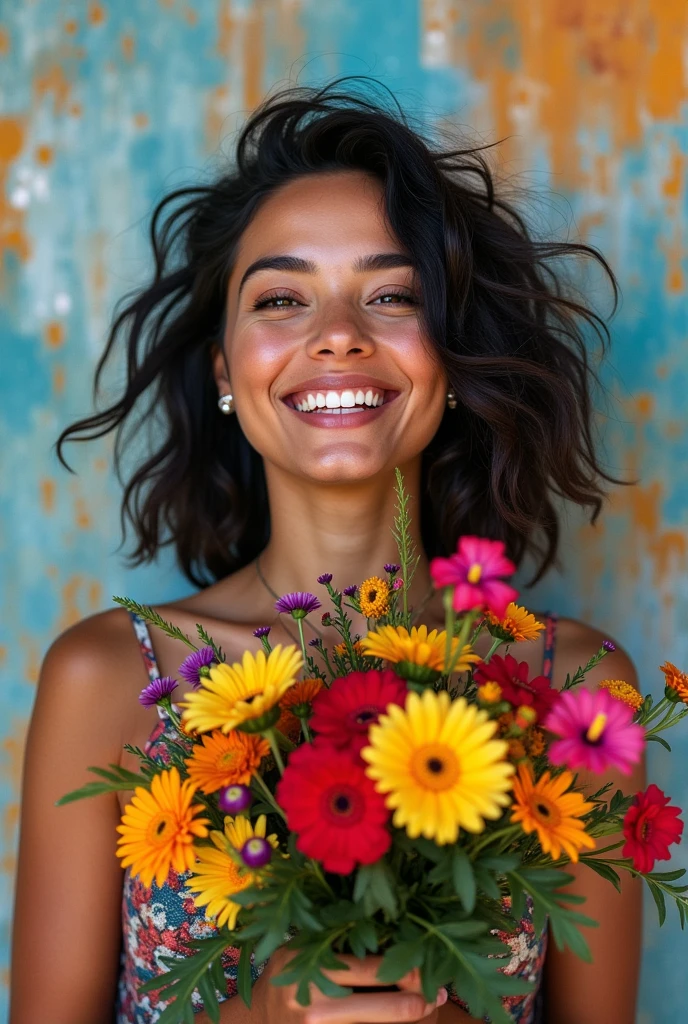 beautiful latina woman with a amazing bouquet of wildflowers, smiling face, fluid pattern painting background, black white background, street photography