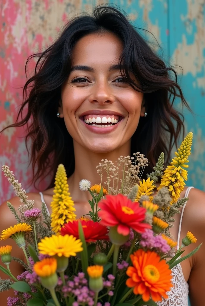 beautiful latina woman with a amazing bouquet of wildflowers, smiling face, fluid pattern painting background, black white background, street photography