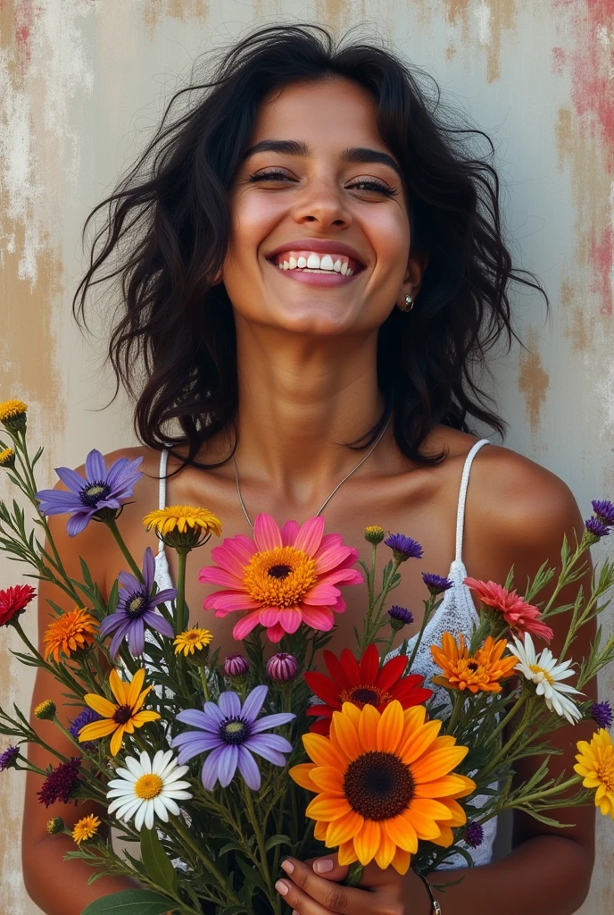 beautiful latina woman with a amazing bouquet of wildflowers, smiling face, fluid pattern painting background, black white background, street photography