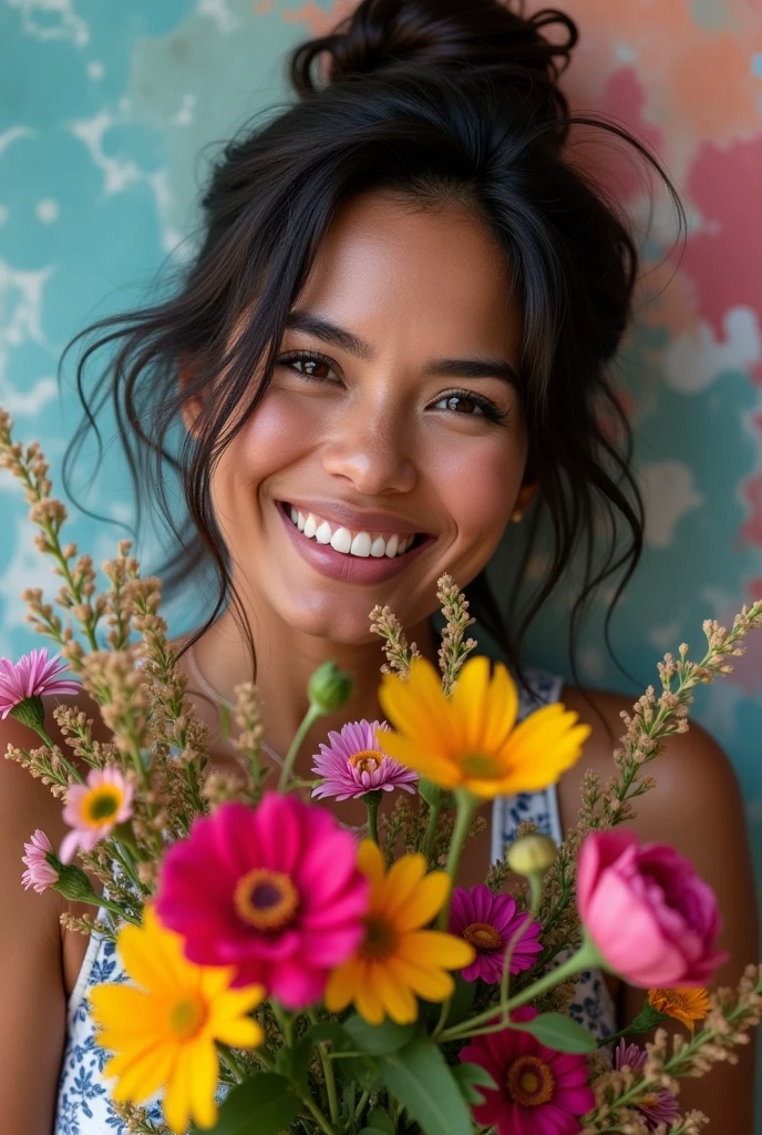 beautiful latina woman with a amazing bouquet of wildflowers, smiling face, fluid pattern painting background, black white background, street photography