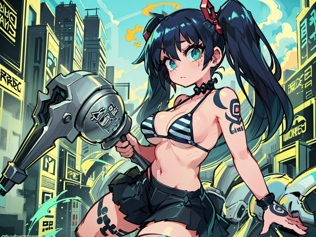 Comics Style,digital figure of beautiful female character, Anime Style, Futuristic tribal tattoo style design on body, (Very beautiful and lovely girl:1.1, Wink, Hime cut twin tails, Greenish black hair, Striped Bikini, mini skirt, Holding a large metal hammer with a gimmick, Dynamic movement, Thighs, Knee-high socks, sneakers), (Perfect detail:1.1), Very detailedアートワーク, Graffiti Style Destroyed City Landscape in Focus, (Beautiful and vivid background:1.2), ( Eyes and face with attention to detail:1.3), (Beautiful and vivid background:1.2), (Very detailed, Best Shadow:1.1),Exposing shoulders, (White Background:0.5), (figure :1.1), Graffiti Style , outside, Vibrant, high quality, sticker art, Comic book style, Centered, Approaching perfection, dynamic, Very detailed, Concept Art, Smooth, Sharp focus, dynamic