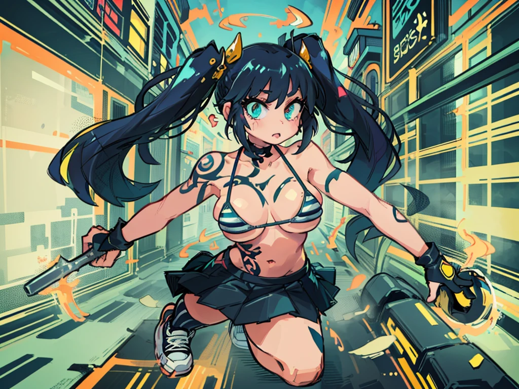 Comics Style,digital figure of beautiful female character, Anime Style, Futuristic tribal tattoo style design on body, (Very beautiful and lovely girl:1.1, Wink, Hime cut twin tails, Greenish black hair, Striped Bikini, mini skirt, Holding a large metal hammer with a gimmick, Dynamic movement, Thighs, Knee-high socks, sneakers), (Perfect detail:1.1), Very detailedアートワーク, Graffiti Style Destroyed City Landscape in Focus, (Beautiful and vivid background:1.2), ( Eyes and face with attention to detail:1.3), (Beautiful and vivid background:1.2), (Very detailed, Best Shadow:1.1),Exposing shoulders, (White Background:0.5), (figure :1.1), Graffiti Style , outside, Vibrant, high quality, sticker art, Comic book style, Centered, Approaching perfection, dynamic, Very detailed, Concept Art, Smooth, Sharp focus, dynamic