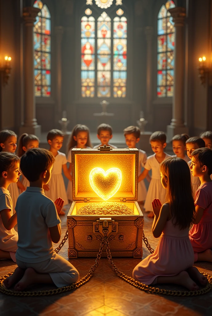 Children praying around a shiny treasure chest with a golden human heart inside tied with chains in a church
