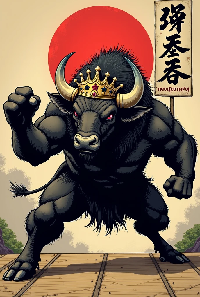 Drawing of an aggressive martial arts buffalo with a king crown in a fighting stance on a tatami mat with a sign that says Jiu Jitsu tatami king