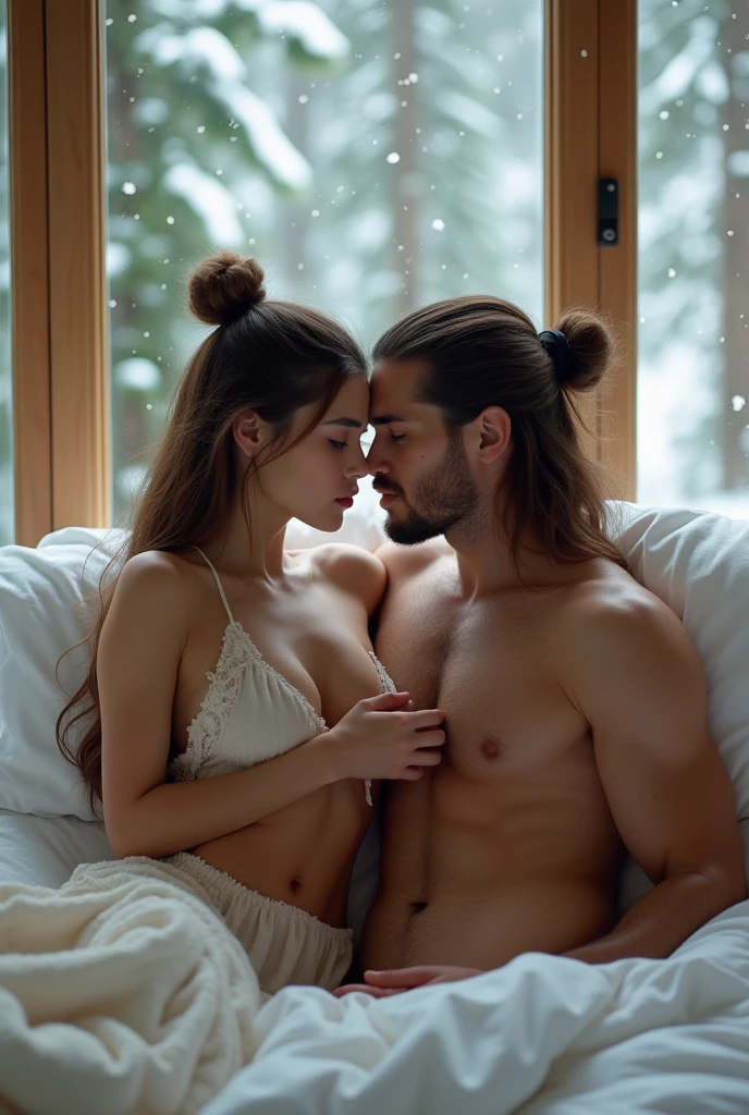 Create dynamically posed images, a couple sleeping in bed, a handsome man, Can Yaman, 20 year, long brown hair with bun, strong square chin, defined chin, thin thin mustache , strong muscular physique, Unclothed com o dick duro. He is sucking on a young woman's breast with his mouth., Kennedy Walsh, Caucasian skin, freckles, greyish blue eyes, very long brown silky hair with curtain style bangs, Unclothed. They are lying in a large white bed sleeping with window panes showing a pine forest falling snow, sucking on her breast, he is showing his penis