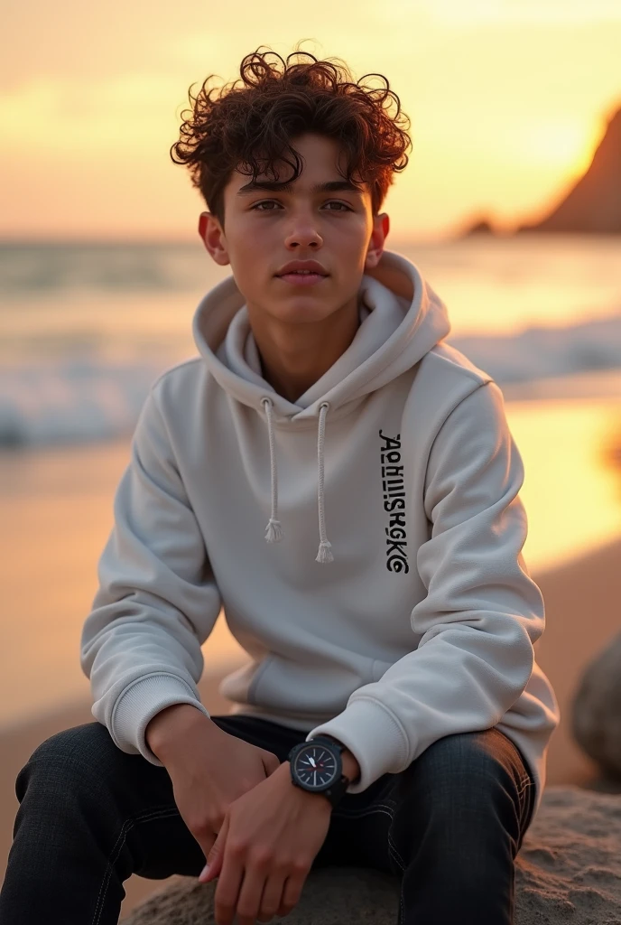 (photorealism:1.2), handsome boy, sitting on the sea beach, wearing white hoodie , black jeans, Curley hair, wearing watch, evening sunset, sea beach in background, evening sunset, written 'Abhishek' in backside of hoodie,Alphonse Mucha