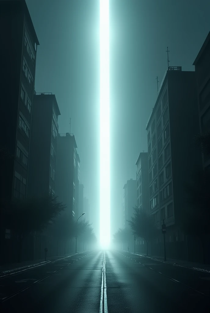 In the dark depths of the night, a bright light from the sky illuminates the empty streets of the city, emphasizing the white light and creating a sense of alien invasion