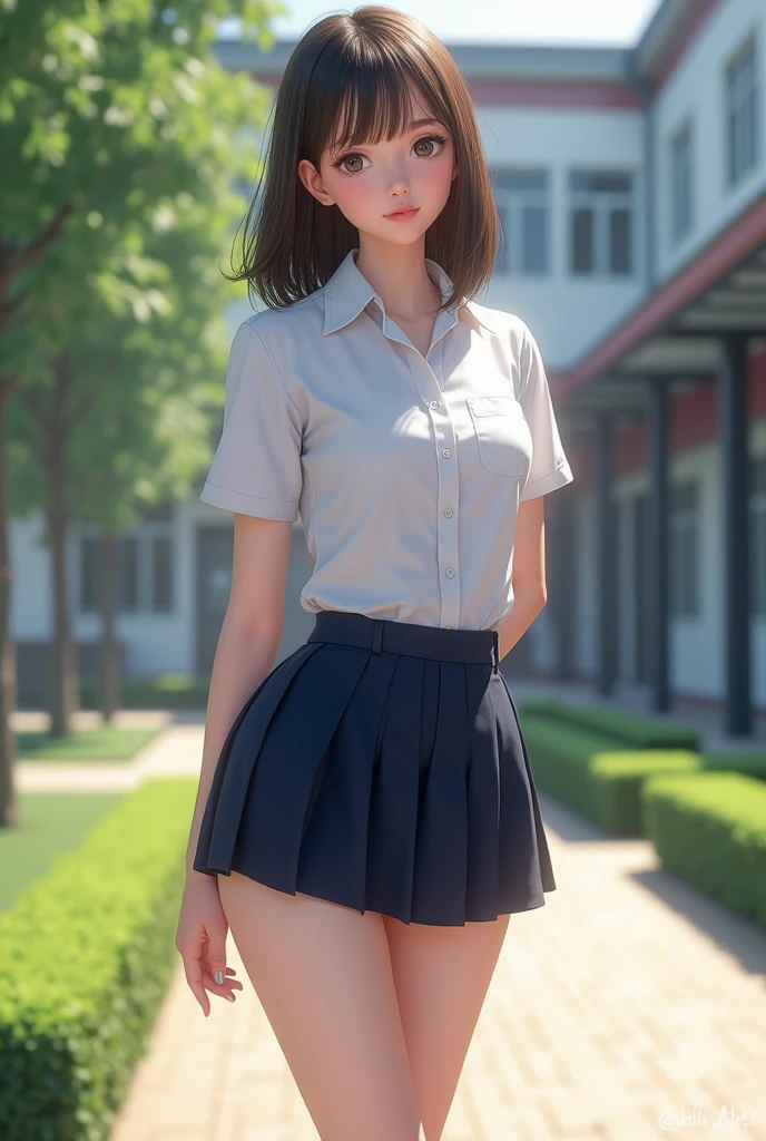 Wearing school uniform and shorts at school,Beautiful and sexy