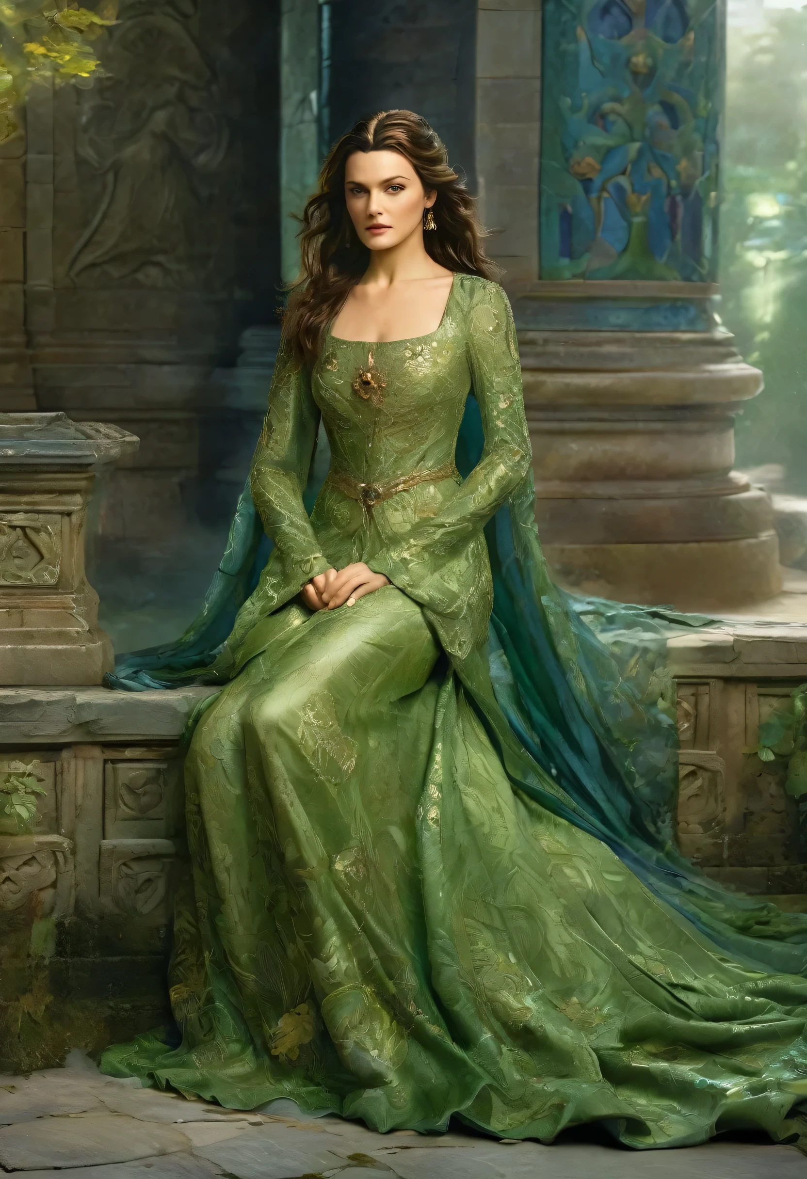 (Rachel Weisz), (arwen)),  modelshoot style, Looks like Keira Knightley, (extremely detailed CG unit 8k wallpaper), full shot body photo of the most beautiful artwork in the world, English medieval witch, green vale, Pearl skin,golden crown, diamonds, Detailed background with medieval architecture, professional majestic oil painting by Ed Blinkey, Atey Ghailan, Studio Ghibli, Directed by: Jeremy Mann, Greg Manxadinho, Antonio Moro, trends on ArtStation, trends at CGSociety, intrikate, high détail, sharp focus, Dramatic, photorealistic painting art by midjourney and greg rutkowski