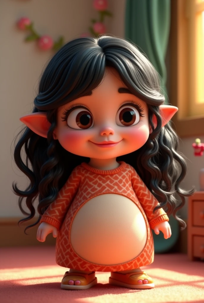 Create a Disney Pixar style character for me, 1 girl, curtain, long wavy hair, Bullish, fleshy lips, eyes black