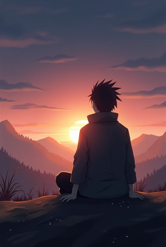 Image of a character similar to Shisui Uchiha watching the night with his back turned, looking at the horizon, sitting without a sword and a little more animated, the image of dusk a little simpler but with more detail