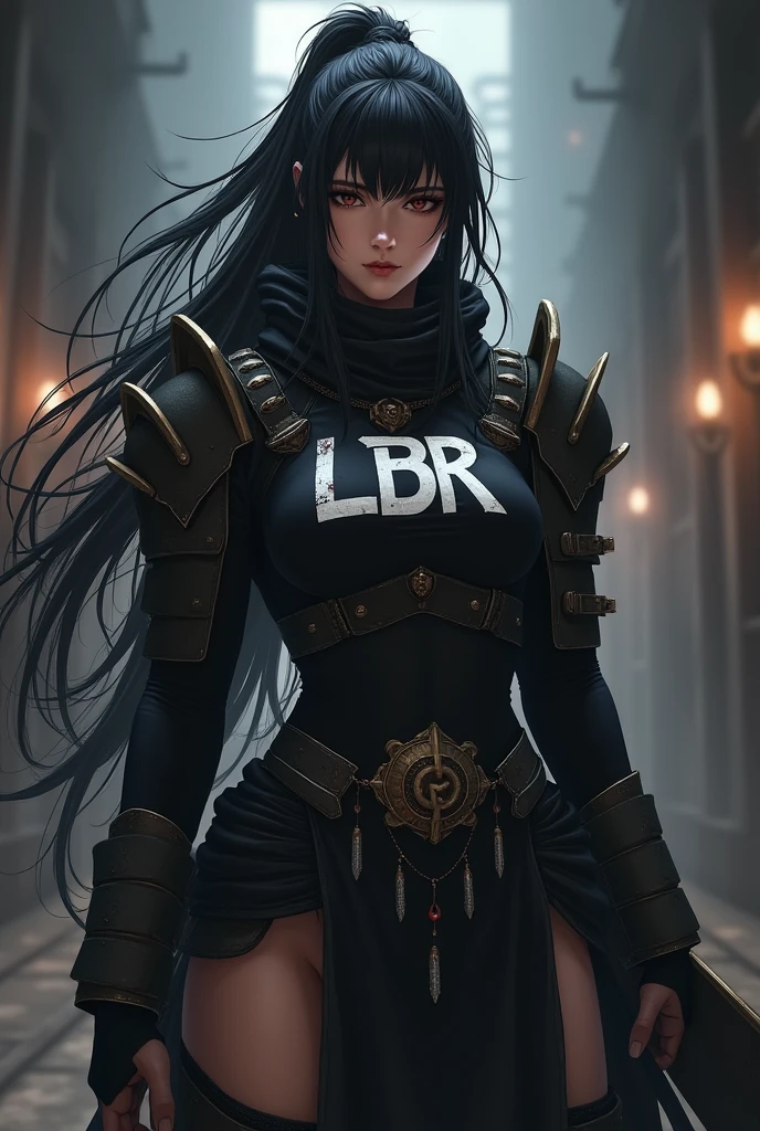 Anime of a dark warrior woman with the letters lbr on her clothes 