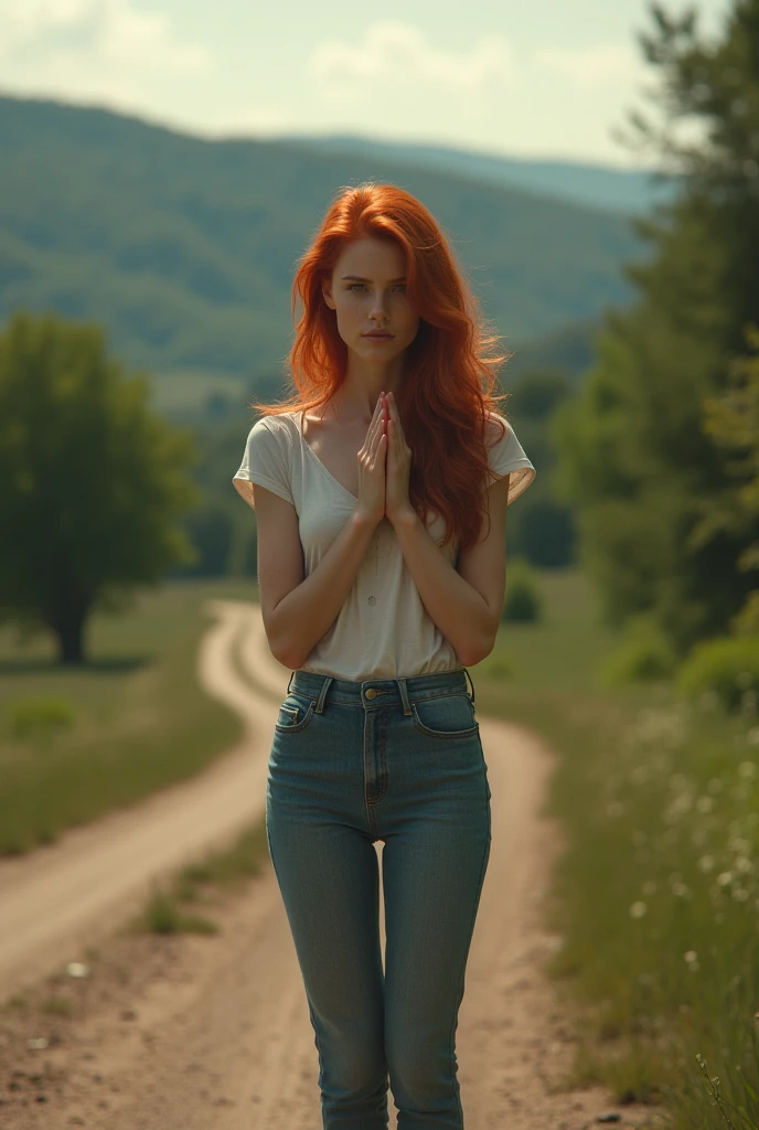 A real girl with red hair is standing on the side of the road with her hands raised