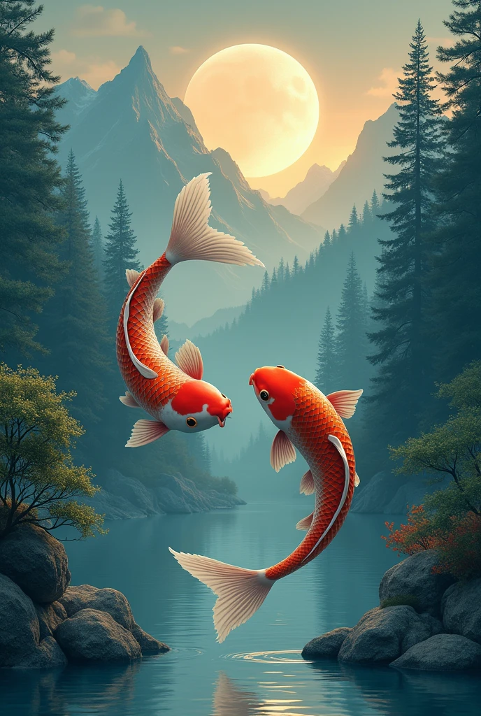 2 carp making an S with moon and mountain and trees