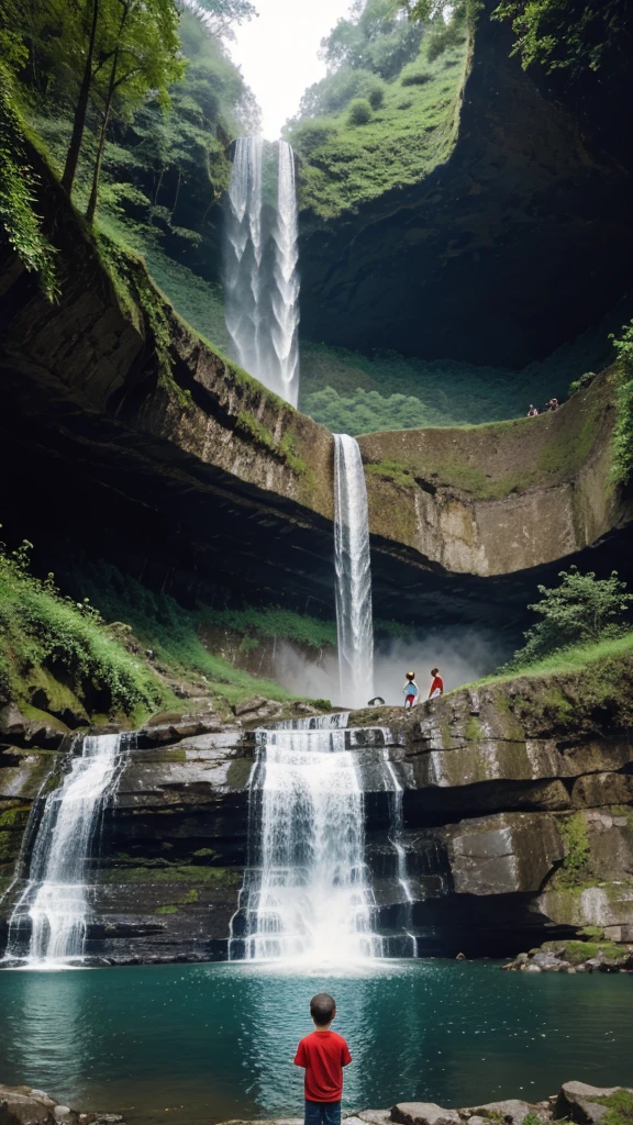 A wonderful waterfall and a boy looking at it