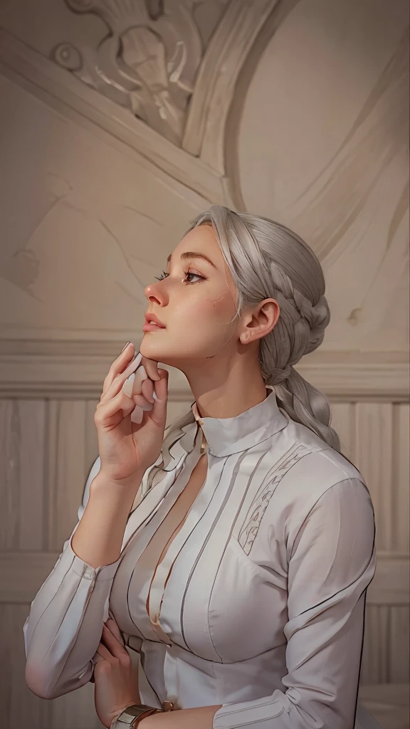 cartoon of a woman in a white shirt and a watch, digital art of an elegant, in bowater art style, highly detailed exquisite fanart, silver hair (Horse tail), white hair lady, inspired by senior character artist, detailed fanart, close up character art, official art, inspired by Li Chevalier, anya from the spy family x, digital anime illustration, Betty Cooper
