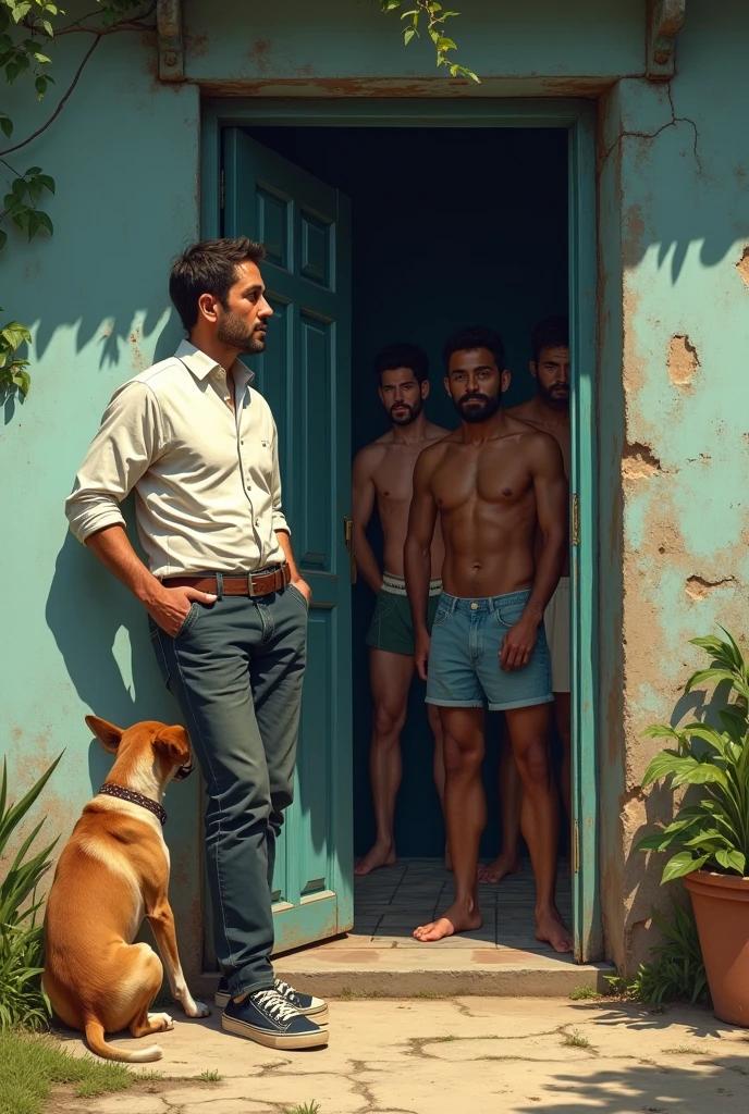 Shirt reporter, pants and sneakers leaning against the door outside an old house next to a dog, looking at strong, bearded, mixed-race Brazilian men taking a shower in their underwear inside.