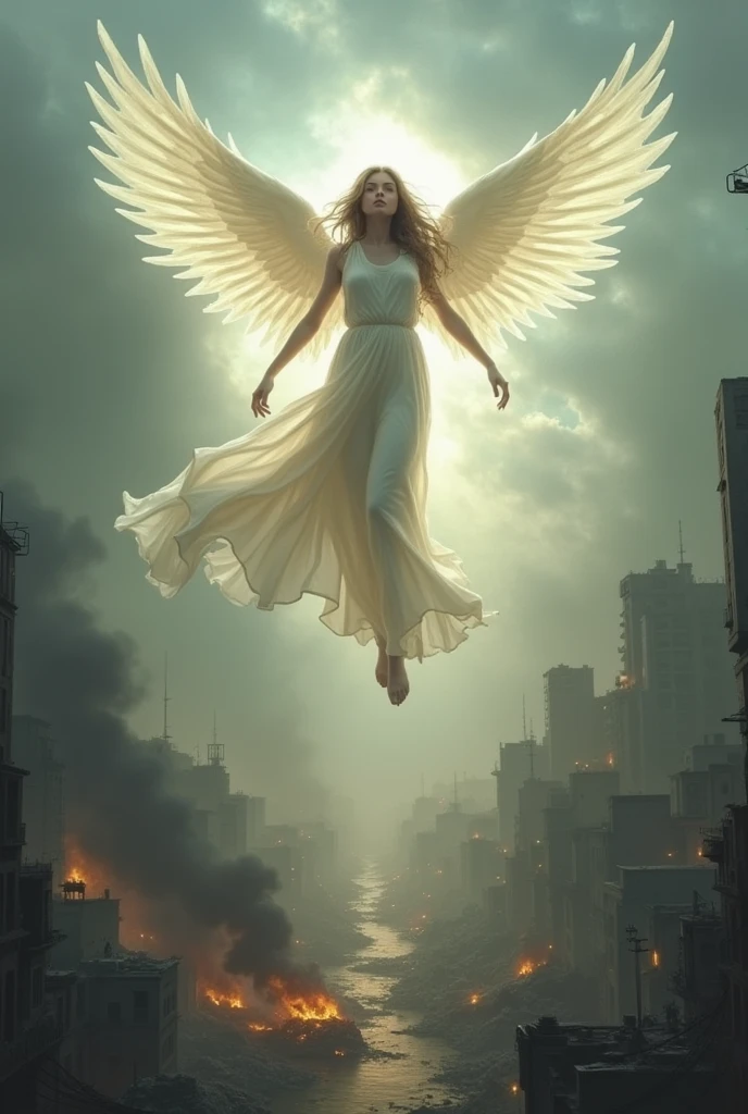 Angel girl hovering above war torn city, and one in the midst of so much destruction.