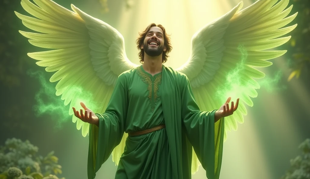 Create an ultra-realistic image of Archangel Raphael, depicted compassionate male figure, embodying the essence of healing and health. He is dressed in flowing green robes, symbolizing his connection to healing and renewal. His wings are grand, with a soft green glow emanating from them, enveloping the scene in a serene light. Raphael's hands are extended in a gesture of blessing, with a calming green aura radiating from his palms, touching the person before him and visibly healing them. The background is filled with a gentle, warm light, with subtle hints of nature and tranquility, reflecting the peaceful and restorative power of Archangel Raphael. His expression is kind, wise, and full of divine assurance, representing the presence of health and the gratitude for the healing being received.