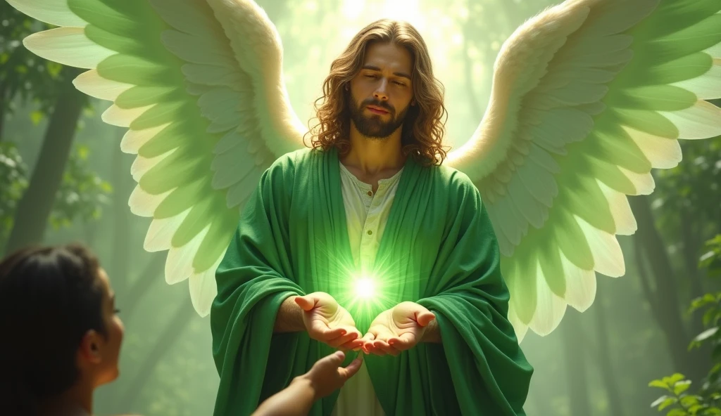 Create an ultra-realistic image of Archangel Raphael, depicted compassionate male figure, embodying the essence of healing and health. He is dressed in flowing green robes, symbolizing his connection to healing and renewal. His wings are grand, with a soft green glow emanating from them, enveloping the scene in a serene light. Raphael's hands are extended in a gesture of blessing, with a calming green aura radiating from his palms, touching the person before him and visibly healing them. The background is filled with a gentle, warm light, with subtle hints of nature and tranquility, reflecting the peaceful and restorative power of Archangel Raphael. His expression is kind, wise, and full of divine assurance, representing the presence of health and the gratitude for the healing being received.