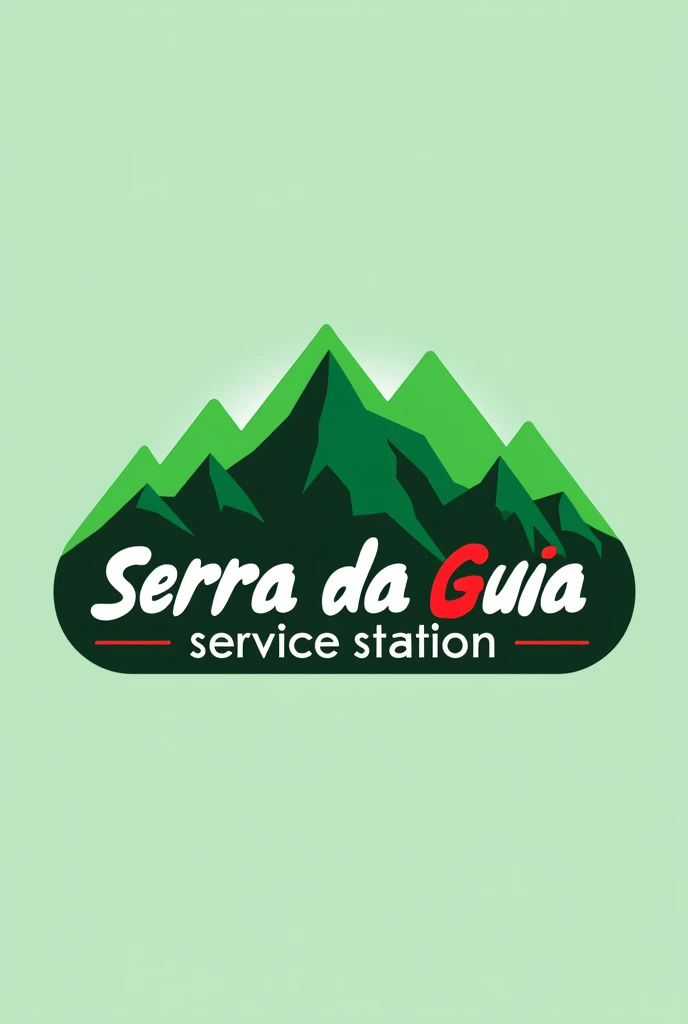 Make a logo for a gas station with the name:   "Serra da Guia Service Station".
With a green mountain behind, and the letters in white and red