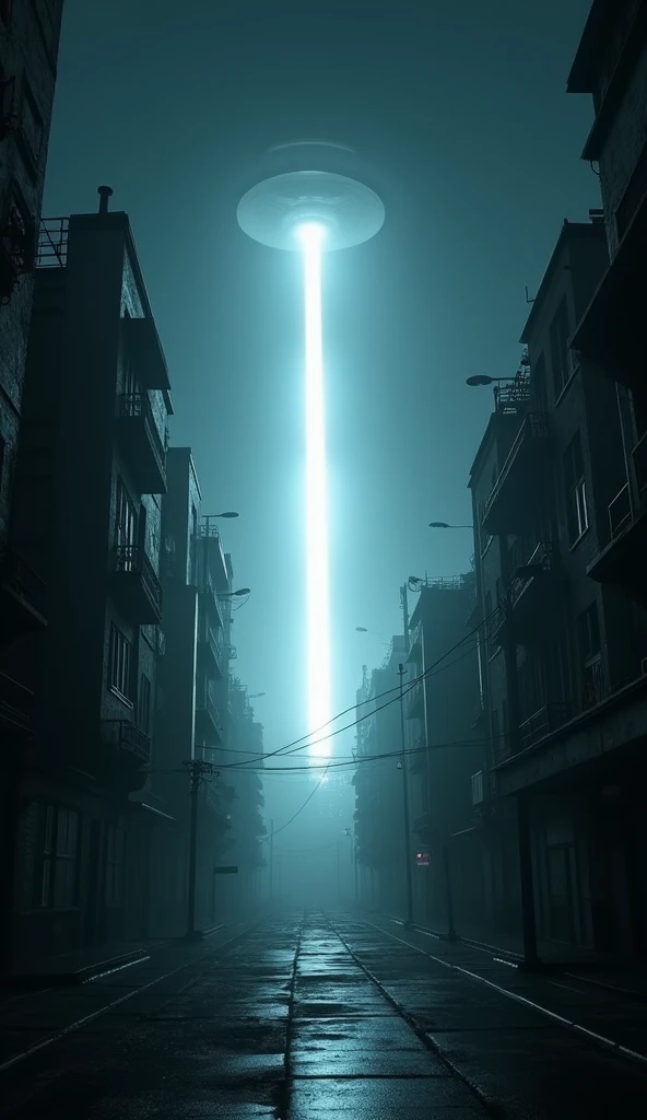 In the dark depths of the night, a bright light from the sky illuminates the empty streets of the city, emphasizing the white light and creating a sense of alien invasion