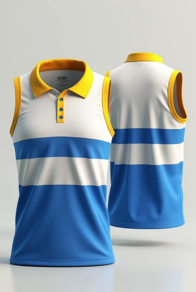 just a men&#39;s team tank top with white and blue stripes and yellow collars i want front and back of shirt without humans
