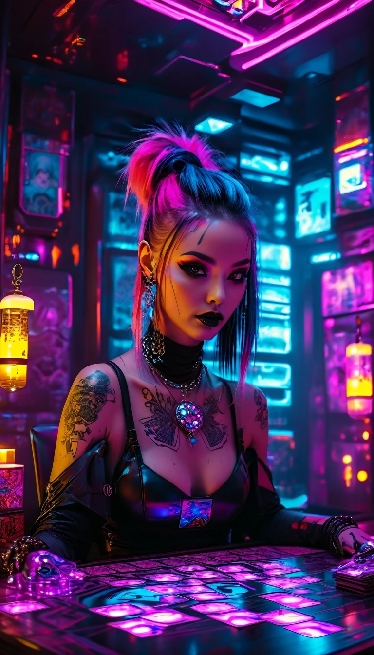 (tatot cards), realistic digital drawing, cyberpunk 2077 style, mystical room in futuristic world, table with modern tarot cards, beautiful woman, dark makeup, mystical tattoos, cyberpunk fortune teller outfit, spreads tarot to some cyberpunk woman (punk with colorful hair, wearing strange and mismatched clothes), unfolded tarot cards are visible on the table, dark room, light neon lighting, cyberpunk style, realistic, lots of detail, 8k, film grain, raw photo