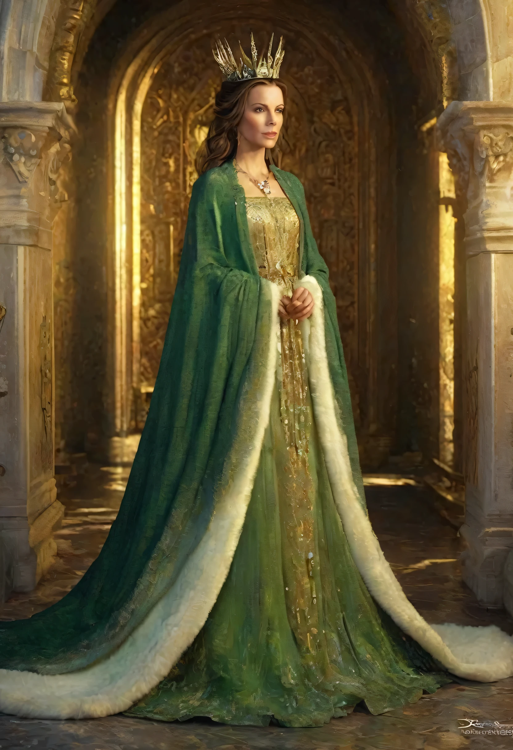 (Kate Beckinsale), (arwen)),  modelshoot style, Looks like Keira Knightley, (extremely detailed CG unit 8k wallpaper), full shot body photo of the most beautiful artwork in the world, English medieval witch, green vale, Pearl skin,golden crown, diamonds, Detailed background with medieval architecture, professional majestic oil painting by Ed Blinkey, Atey Ghailan, Studio Ghibli, Directed by: Jeremy Mann, Greg Manxadinho, Antonio Moro, trends on ArtStation, trends at CGSociety, intrikate, high détail, sharp focus, Dramatic, photorealistic painting art by midjourney and greg rutkowski