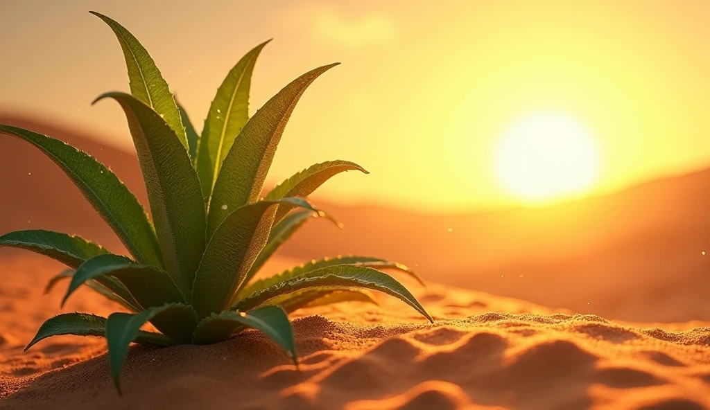 Plant illuminated by sun rays on the right side of a desert 