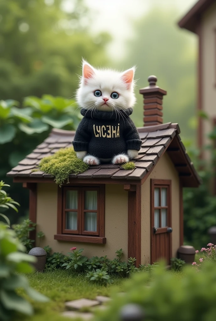 A white kitten sits on the roof of a building on the yard in a black sweater where it is written in Russian "Lyokha*