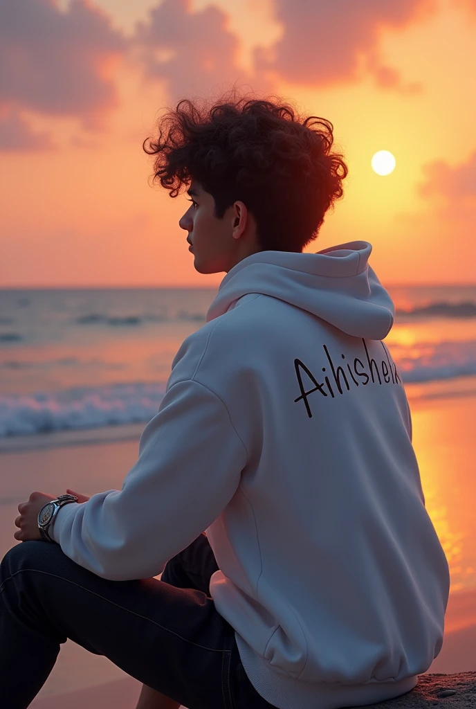 (photorealism:1.2), handsome boy, sitting on the sea beach, wearing white hoodie , black jeans, Curley hair, wearing watch, evening sunset, sea beach in background, evening sunset, written 'Abhishek' in backside of hoodie, and watching sea beach.Alphonse Mucha