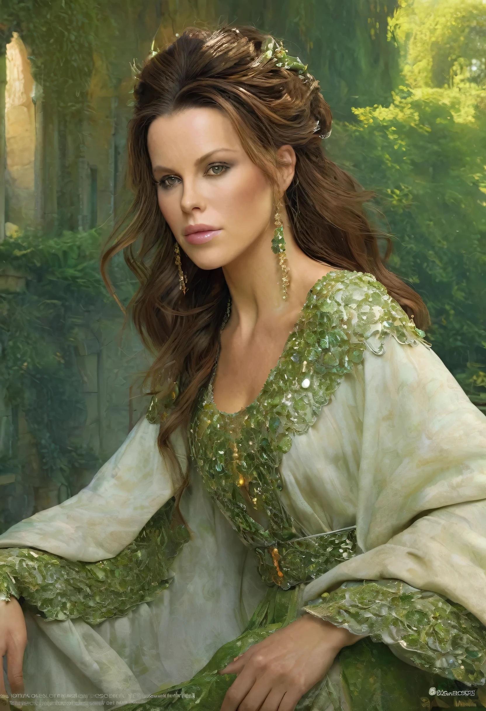 (Kate Beckinsale), (arwen)),  modelshoot style, Looks like Keira Knightley, (extremely detailed CG unit 8k wallpaper), full shot body photo of the most beautiful artwork in the world, English medieval witch, green vale, Pearl skin,golden crown, diamonds, Detailed background with medieval architecture, professional majestic oil painting by Ed Blinkey, Atey Ghailan, Studio Ghibli, Directed by: Jeremy Mann, Greg Manxadinho, Antonio Moro, trends on ArtStation, trends at CGSociety, intrikate, high détail, sharp focus, Dramatic, photorealistic painting art by midjourney and greg rutkowski