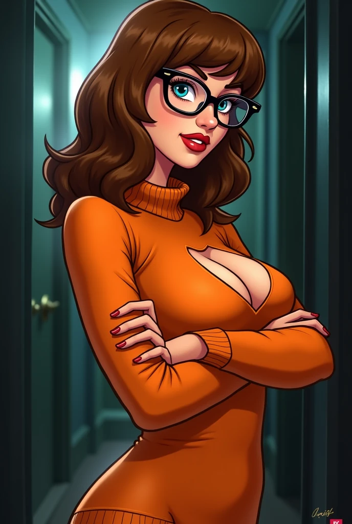 Velma from scooby doo, showing her boobs while taking a selfie