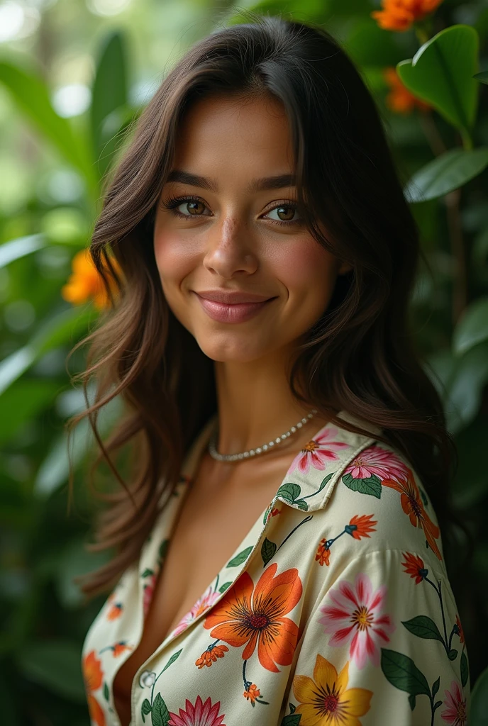 A Brazilian woman in a lush tropical garden, wearing an open shirt with a floral print, with a close-up capturing the harmonious beauty between her breasts and the natural flowers, showing off your natural charm and outgoing personality.