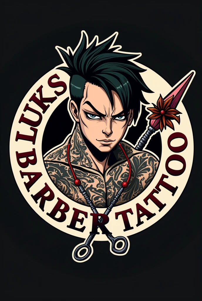 Create a circular logo with a tattooed anime character design, On the outside it will have the phrase "luks Barber tattoo". And some tattoo machine designs and some scissors inside.