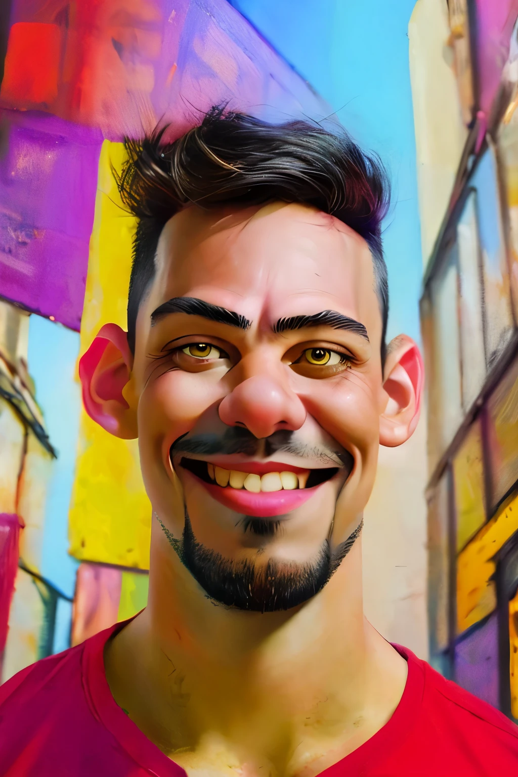 Comic ART. (((A caricature of a young man, Cartoon style))), exaggerated soft facial expression, smiling, Cut hair , vivid colors, cinematic lighting, cartoon style, vibrant reds and yellows, highly detailed with exaggerated features, comic tone, dynamic pose, Red eyes, high expression, (masterpiece: 2), best quality, ultra highres, original, extremely detailed, perfect lighting
