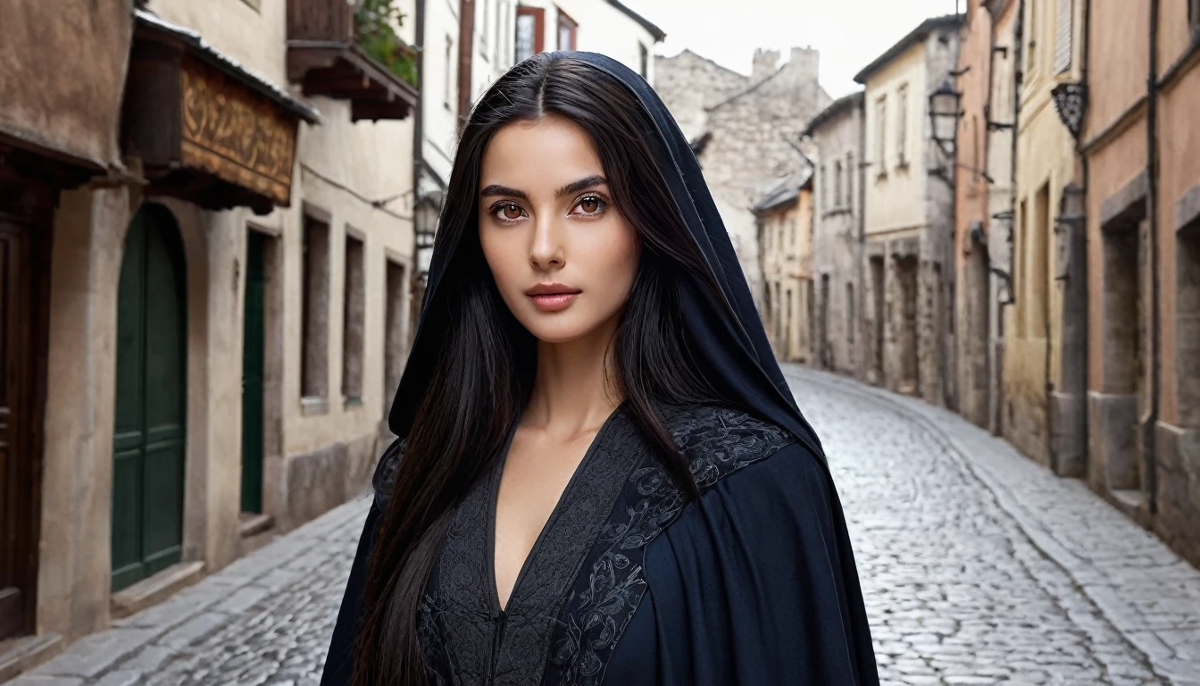 (Masterpiece, top quality, Best quality, beautiful and aesthetic:1.2), Tight fitting cloak with elegant details for walking through the narrow, picturesque streets of the historic old town, 1, perfect body, Perfect rare face, (very detailed skin), long black hair, skin texture, Sharp focus on the rare face, perfect brown eyes, (Photorealistic), grainy, Samira's name, damp weather, mist