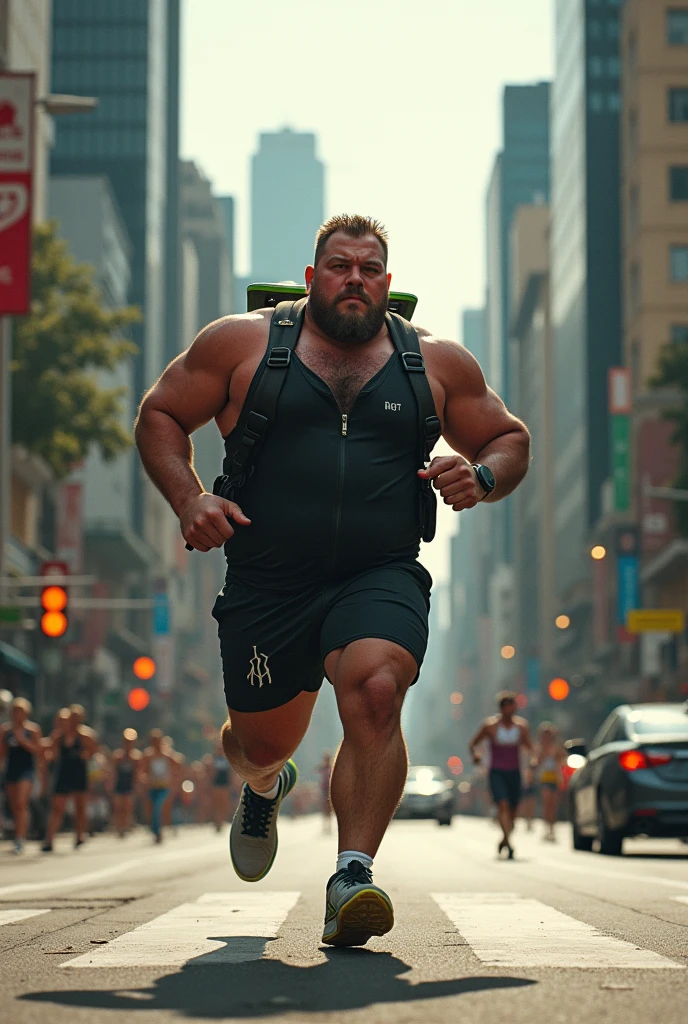 a man running in the streets, In the city of São Paulo, fat body, 30 years old, running clothes, running board on the back.