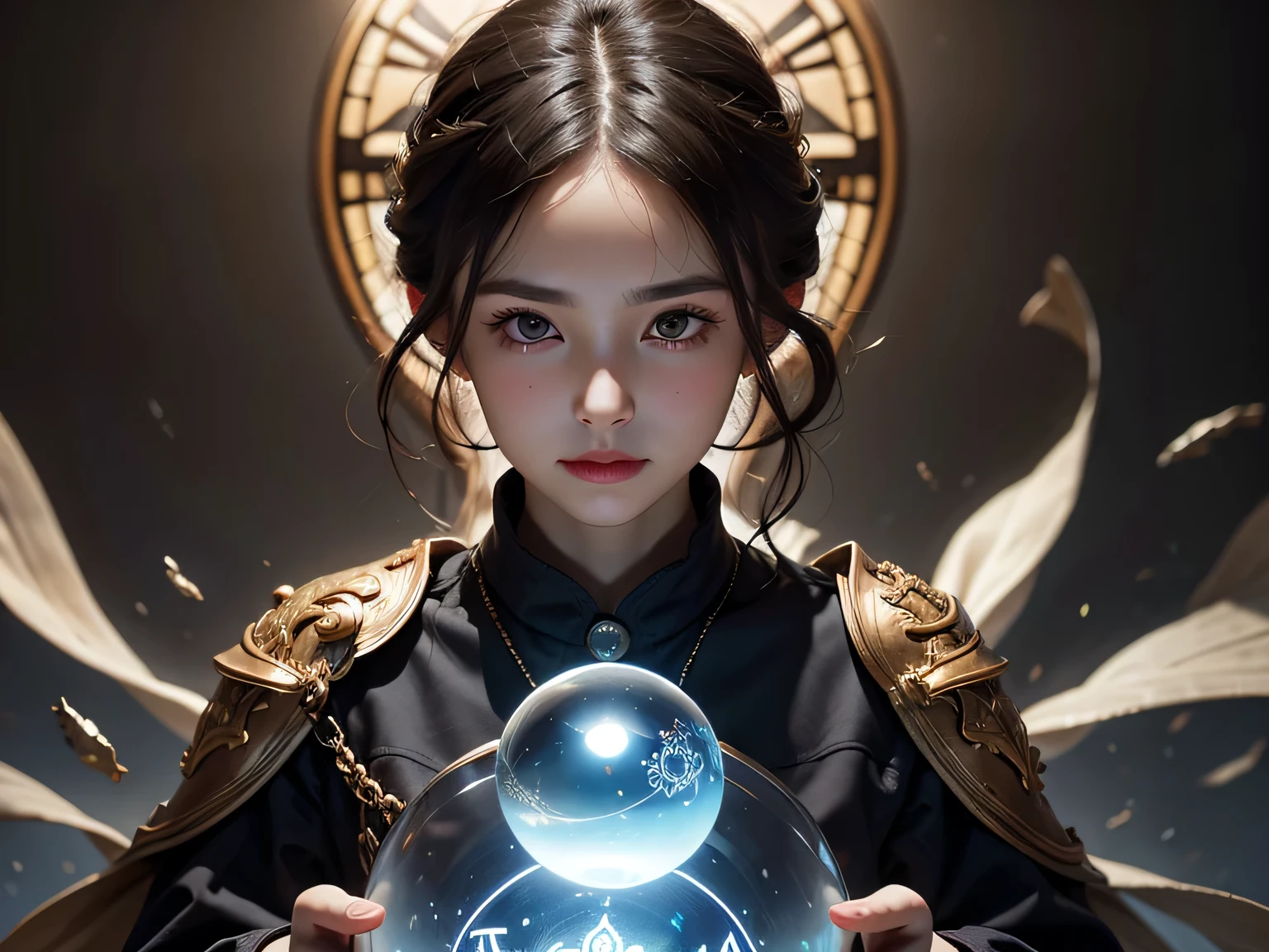 (Extremely close-up of Hands), ultra-detailed, V0id3nergy, magic circle, Raw photo、(Realistic)、(masterpiece)、(Highest quality)、(High resolution:1.37)、(8k)、(Perfect Anatomy:1.3)、(Beautiful Eyes)、Beautifully detailed face、View your viewers、One Girl、(A transparent crystal ball floats above the palms of both hands.)、Anatomically perfect hands and fingers、A confident smile、magical realism、(Focus on the hand)、Super big breasts pointing upwards、temple