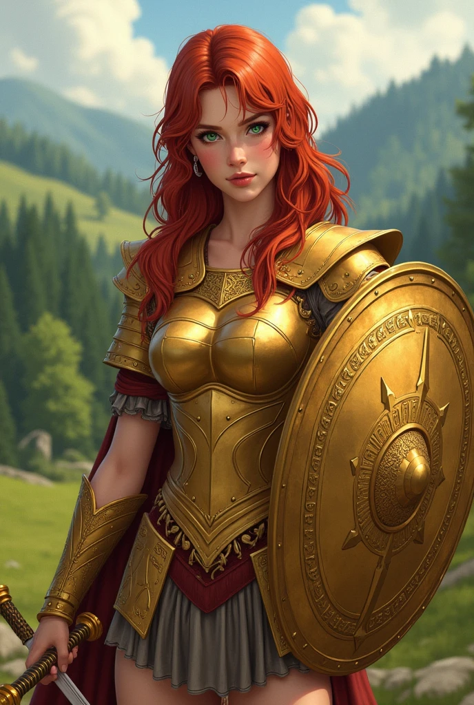 1girl with beautiful face, slim body red hair and green eyes, pale skin, 170 cm, 20 years old in golden roman armor. One hand a golden shield, other hand a sword. 1st century BC roman era in the pannonian basin.   Drawing adult animation style. 
