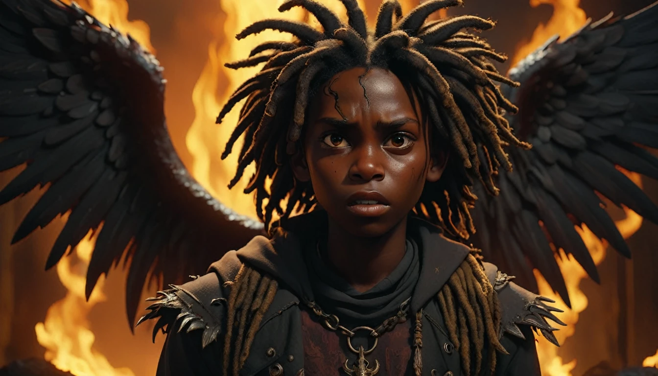 1 angelic winged black boy in hell, dreadlocks, with no face, dark demonic womans entities, demons behind, highly detailed, 8k, best quality, immense pain and suffering, cinematic dramatic lighting, dark moody atmosphere, gritty realism, chiaroscuro, muted color palette
